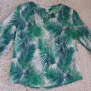 Tommy Bahama Small Green Palm Print Button Front Blouse 3/4 Sleeve Cotton